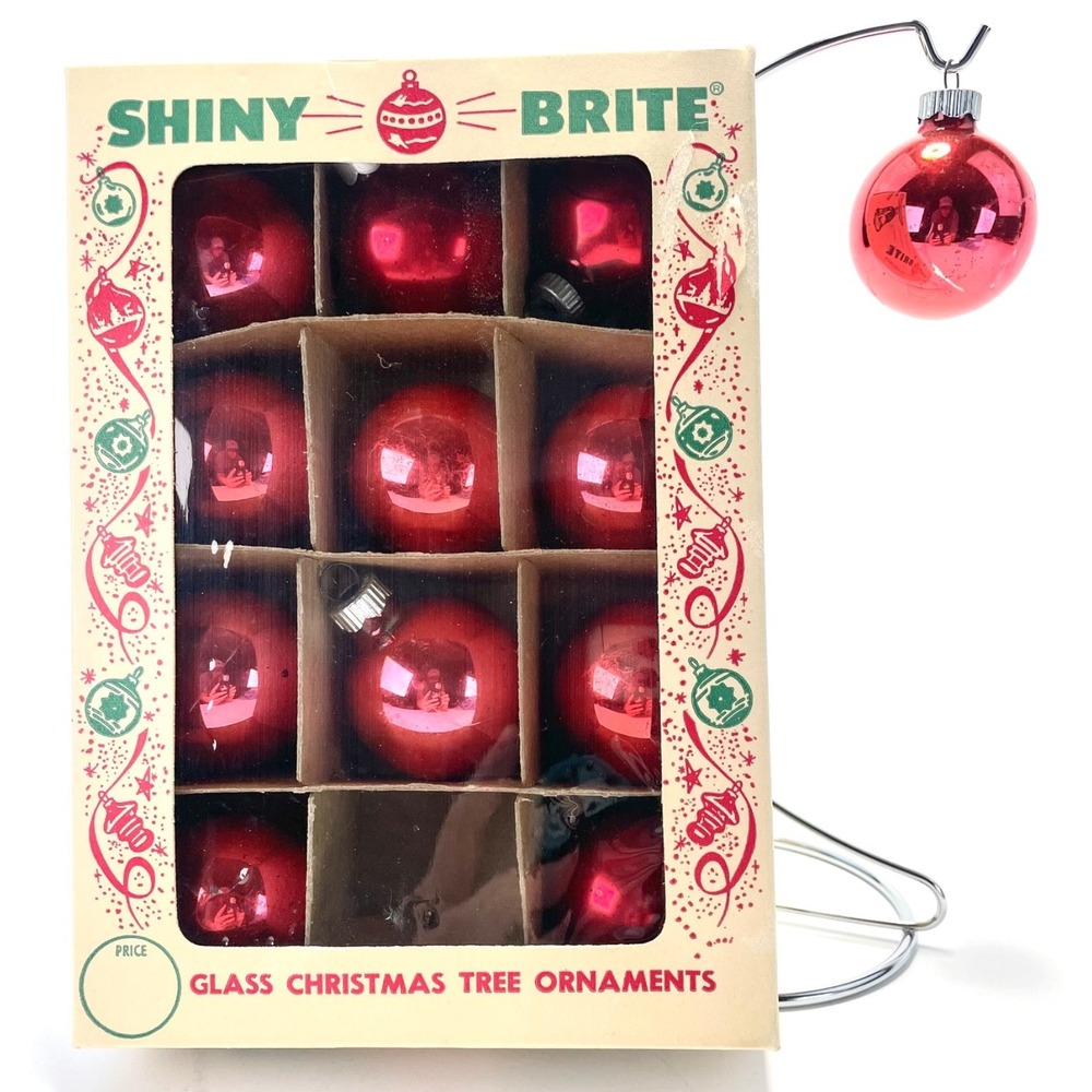 Red Glass‎ Christmas Ornaments Set of 12 SHINY BRITE w/ Box Vintage GUC